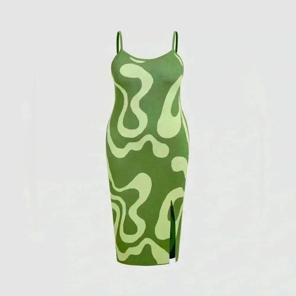 Knit Jersey U-neckline Contrasting Split Midi Dress - Picture 1 of 10